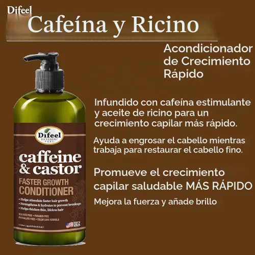 Vista 3 de Difeel Acondicionador de cafeína y ricino para un crecimiento más rápido del cabello, 33.8 oz.