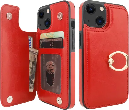 Vista 18 de ONETOP Funda tipo cartera para iPhone 13 con soporte para tarjetas, anillo de rotación de 360°, bloqueo RFID, doble cierre magnético, a prueba