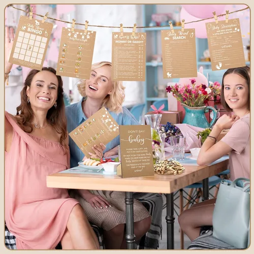 Vista 6 de Patelai Juego de 321 piezas de papel kraft para baby shower para niña o niño, juego de 5 juegos que incluye divertidos juegos de bingo para baby