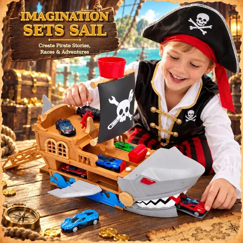 Vista 5 de Juguete de barco pirata de tiburón, juego de transporte de autos para niños