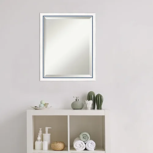 Vista 5 de Amanti Art - Espejo de baño blanco para sobre lavabo, espejo de tocador rectangular Morgan blanco azul de 22x18, marco de madera moderno pequeño, se
