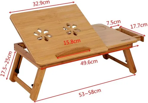 Vista 2 de Bandeja de bambú con patas ajustables Bandeja plegable para servir desayuno Escritorio de regazo con cajón superior inclinable y lateral