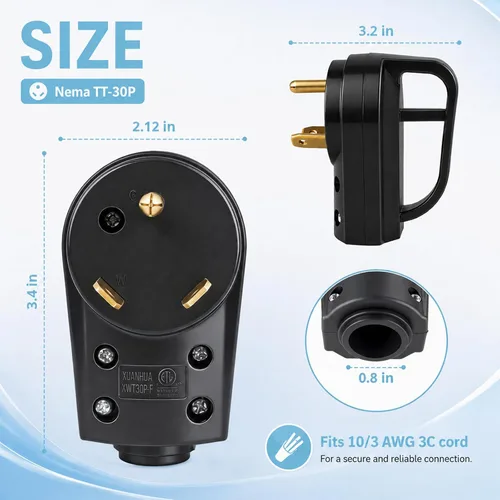 Vista 6 de Enchufe macho de repuesto para autocaravana 30A, TT-30P para cable Negro