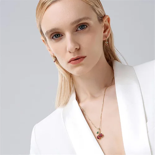 Vista 4 de ONLYJUMP Collar personalizado con colgante de fruta de cerezo de cristal rojo para mujeres y niñas creativo lindo verano tropical fruta cereza cesta