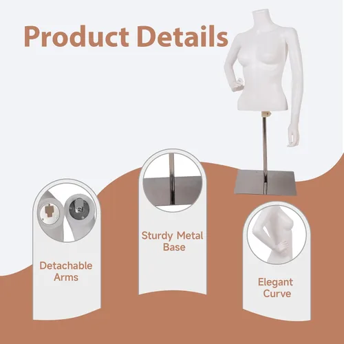 Vista 4 de Maniquí femenino de medio cuerpo blanco para la parte superior del cuerpo, elegante maniquí femenino con base estable, pantalla de forma de vestido