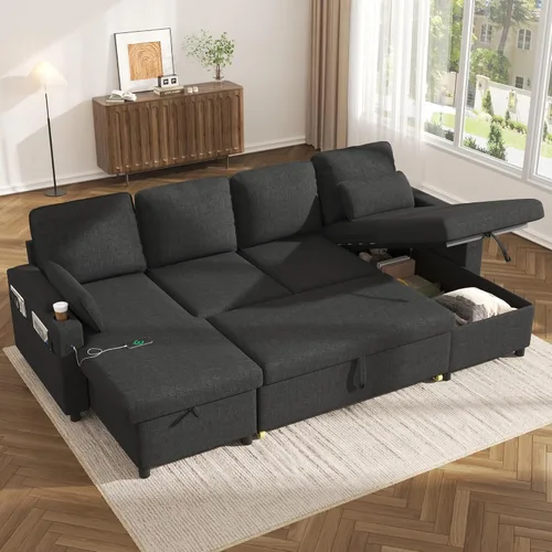 Vista 10 de Sofá cama extraíble 2 en 1 sofá cama seccional sofá en forma de L con almacenamiento Sofás convertibles para sala de estar, puertos de carga USB