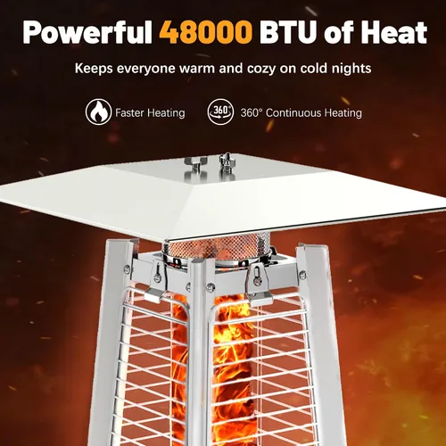Vista 3 de FOOWIN Calentador de propano para patio, 48,000 BTU con ruedas/cubierta impermeable y guantes, calentador de pirámide de tubo de vidrio de cuarzo
