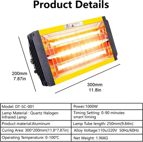 Vista 3 de Lámpara de curado de pintura infrarroja portátil de mano, 1000 W, 110 V, luz de calor de pintura infrarroja de onda corta con temporizador de 0 a 90