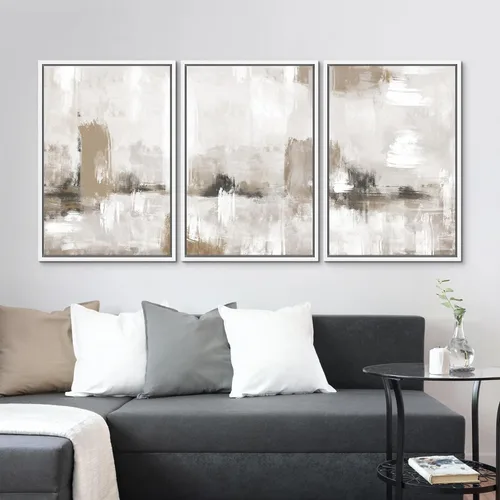 Vista 189 de SIGNFORD - Set de obras de arte en lienzo enmarcado para pared, ilustraciones abstractas de neblina del desierto en tonos neutros beige y marrón