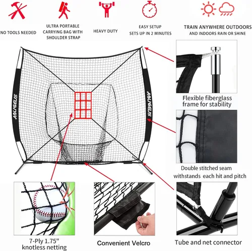 Vista 35 de 7'x7' Baseball Softball Practice Net with Strike Zone Target