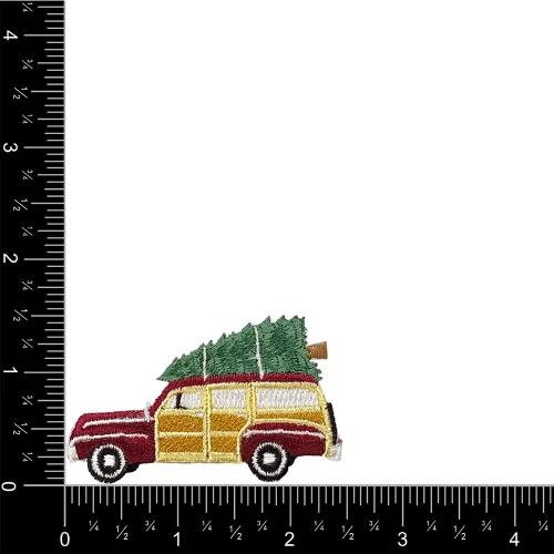 Vista 2 de Christmas Woodie, Woody Wagon, sedán con árbol, bordado, parche para planchar (1)