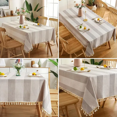 Vista 4 de Mantel rectangular de lino y algodón con borlas y costuras a rayas, a prueba de polvo, para cocina y comedor, 54 x 54 pulgadas, color beige
