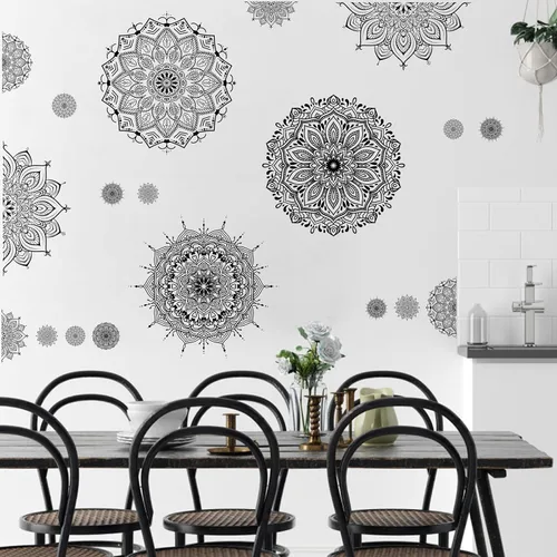 Vista 4 de Kazova Calcomanía de pared de mandala grande, murales artísticos negros para despegar y pegar, calcomanías de mandala boho para dormitorio, sala