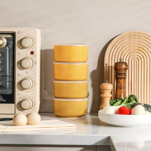 Vista 7 de Cuencos de cerámica con tapas: recipientes de almacenamiento de alimentos aptos para microondas de 20 onzas para sopa, ensalada, cereales, sobras