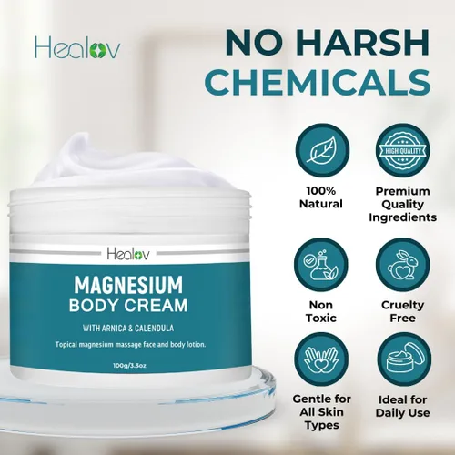 Vista 4 de Loción de magnesio – Crema calmante pura para relajación, mejor sueño, salud muscular, cuidado de piernas y articulaciones – Mantequilla tópica