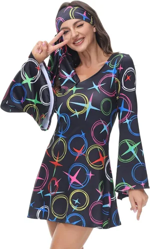 Vista 5 de Disfraz de discoteca para mujer, disfraz de discoteca de los años 70, vestido de Gogo, disfraces hippy para mujer
