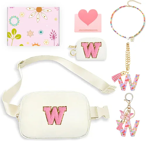 Vista 35 de Regalos de moda para niñas adolescentes, cangurera con monograma para niña con llavero, collar, dijes de taza, tarjeta de felicitación y caja
