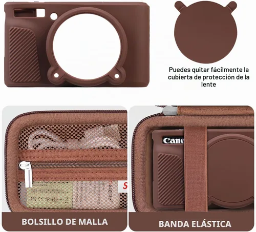 Vista 5 de Funda para cámara Canon PowerShot SX740 HS, SX730 HS, color marrón 1 funda rígida + 1 funda de silicona suave, SX740, SX730, bolsa protectora