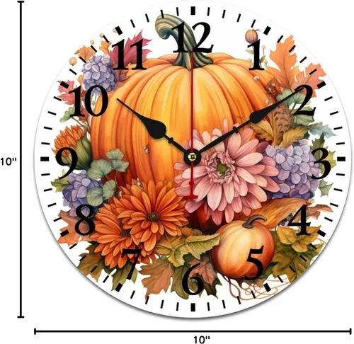 Vista 9 de Reloj de pared de madera Country Autumn Harvest Acuarela Calabaza Flores Redondo Reloj Decorativo de Calidad Cuarzo Sin Ticking Otoño Acción