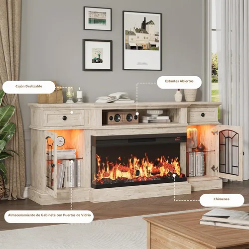 Vista 7 de QUW - Soporte de TV con chimenea estilo granja de 70 pulgadas para televisores de hasta 80 pulgadas, centro de entretenimiento con chimenea
