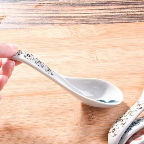 Vista 5 de Juego de 4 cucharas de sopa japonesas de cerámica asiática para Wonton Pho