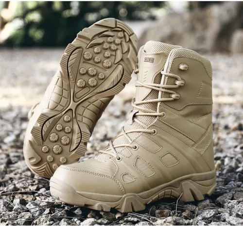 Vista 5 de Botas de trabajo tácticas militares para hombre, con cremallera lateral, ligeras, botas de combate para motocicleta, botas de combate para el Beige