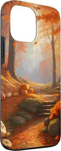 Vista 3 de iPhone 13 Pro Max Idílica escena del bosque de otoño, hojas de otoño, funda de calabazas