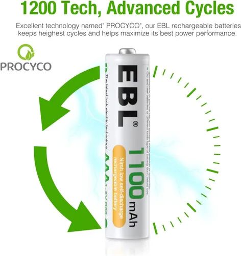 Vista 3 de EBL Baterías AAA Recargables con Cargador, 1100mAh NiMH, 1.2V, Recarga hasta 1200 veces, Baterías Triple A para Teléfono Inalámbrico (Paquete de 16)