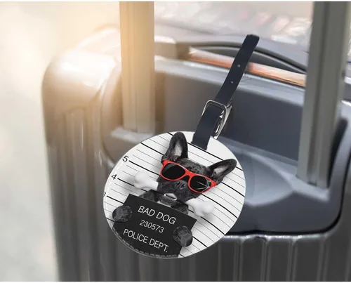 Vista 5 de TKS MITLAN Paquete de 1 etiqueta de equipaje de viaje de piel sintética para bulldog francés, gafas rojas, soporte de cartel con hueso en la boca