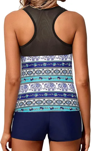 Vista 2 de Yonique Racerback Tankini Traje de baño corto de dos piezas para mujer