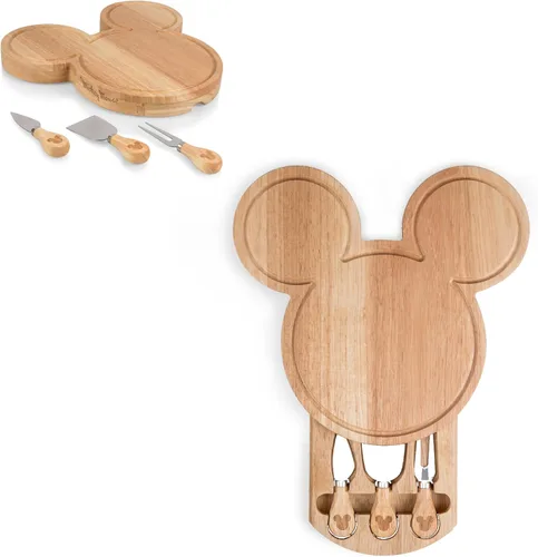 Vista 5 de PICNIC TIME Juego de tabla de queso y cuchillos de Mickey Mouse de Disney, tabla de cortar de Parawood con cajón oculto y 3 cuchillos de queso