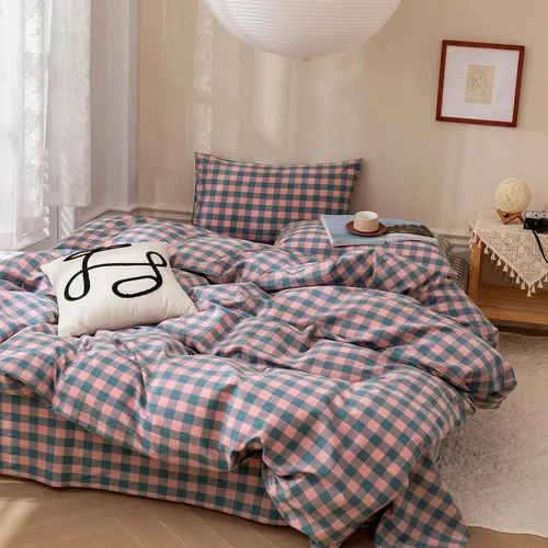 Vista 27 de VM VOUGEMARKET - Juego de funda de edredón a cuadros de tamaño individual XL, ropa de cama de color verde, gris y naranja, algodón lavado, con 2