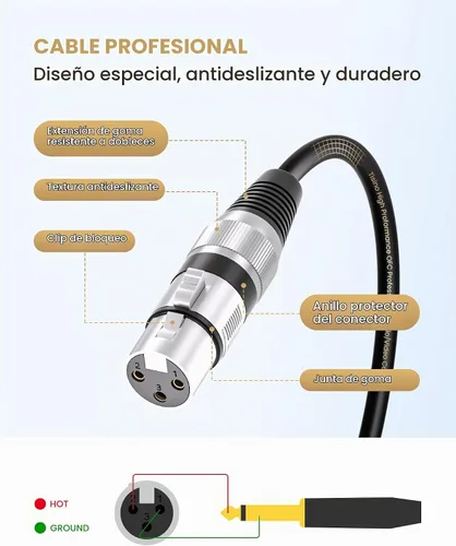 Vista 3 de Tisino - Cable de micrófono con conector hembra XLR a conector mono TS de 1/4 (6,35 mm) desequilibrado para micrófono dinámico - 2,01 m/6,6 pies