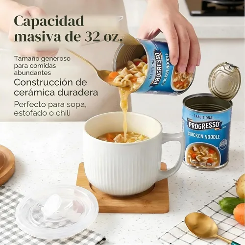 Vista 4 de Tazón de sopa de cerámica con asa y tapa, tazón grande de 32 onzas para Blanco 32