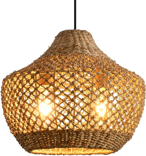 Vista 14 de lámparas colgantes de ratán, luz colgante de ratán boho de 11.02", juego de 2 lámparas colgantes tejidas a mano de seagrass para lugares de trabajo