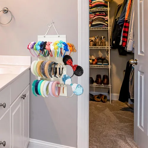 Vista 5 de Organizador de diadema colgante con 30 bucles elásticos para mujeres y niñas, diadema de pared, organizador para el hogar (beige)