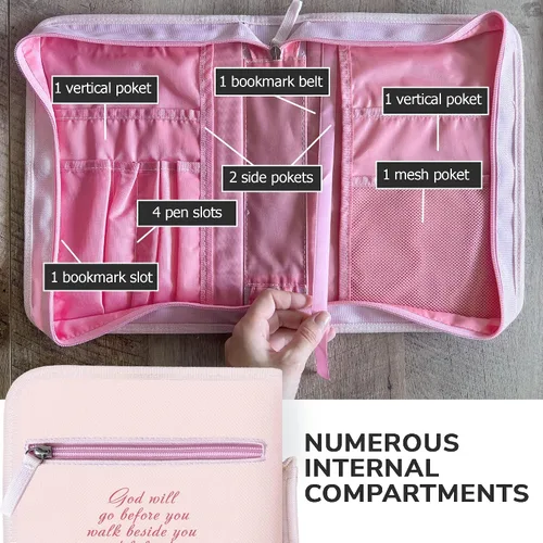 Vista 59 de DEHITE Funda para la Biblia para mujer, bolsas de transporte de la Biblia, tamaños medianos y grandes, ranuras para bolígrafos, tela de primera