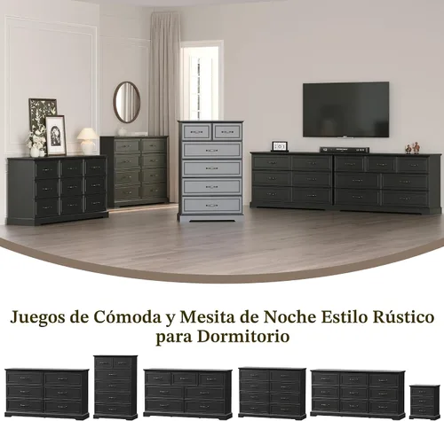 Vista 7 de Cómoda rústica de 3 cajones para dormitorio, cómoda moderna de 24 pulgadas de ancho con cajones profundos y asas de barra, mesita de noche de madera