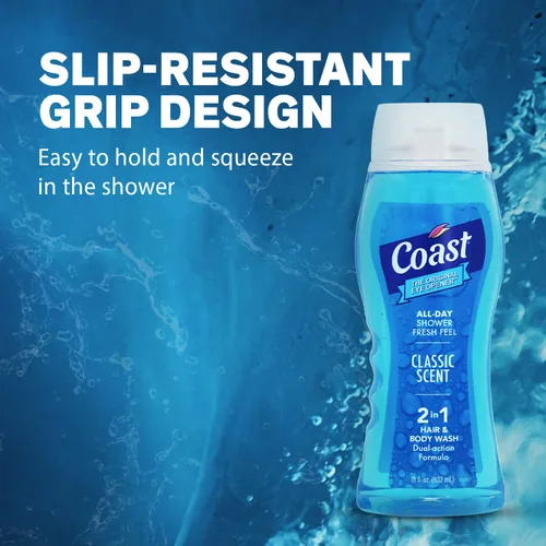 Vista 5 de Coast Gel de baño 2 en 1 para cabello y cuerpo, aroma clásico, gel de baño, champú y acondicionador para hombres, paquete de 6 unidades x 18 onzas