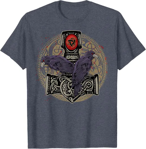 Vista 64 de Thors Hammer Mjolnir Huginn and Muninn Odin Raven - Camiseta, Negro, S