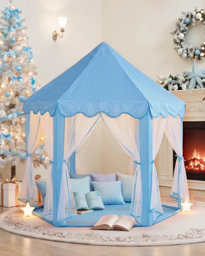 Vista 2 de Sumbababy - Tienda de campaña de castillo de princesa para niñas, de juego, hexagonal, azul, con luces de estrella de hadas, juguetes para niños