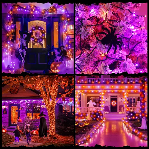 Vista 8 de Luces de cuerda de Halloween de 100 LED, 33 pies, luces titilantes naranjas y moradas con 8 modos, impermeables para decoración de fiesta