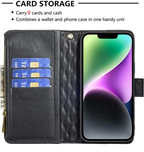 Vista 4 de Asuwish Funda de teléfono para iPhone 14 de 6.1 pulgadas con protector de pantalla de vidrio templado y soporte para tarjeta de crédito, accesorios