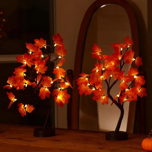 Vista 9 de Árbol de arce artificial iluminado de otoño, 24 luces LED, decoraciones de Acción de Gracias, funciona con batería/USB, árbol pequeño preiluminado
