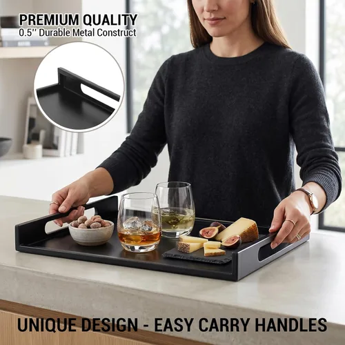 Vista 5 de MyGift Bandeja grande cuadrada de metal negro mate de 16 pulgadas con asas