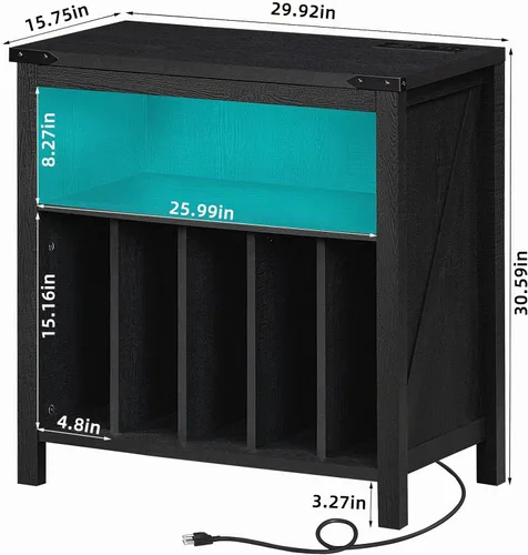 Vista 3 de Soporte grande para tocadiscos con estación de carga y luces LED, soporte de almacenamiento de discos de vinilo negro con capacidad para hasta 230