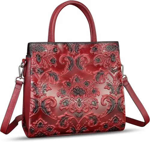 Vista 3 de Monederos y bolsos de cuero genuino para mujer, bolso de mano de cuero con relieve vintage para mujer, bolso cruzado de hombro, bolsas de mano