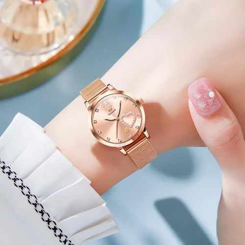 Vista 3 de OLEVS Relojes para mujer, correa de malla de oro rosa, vestido de moda, cuarzo japonés, impermeable, luminoso, para mujer, conjunto de pulseras