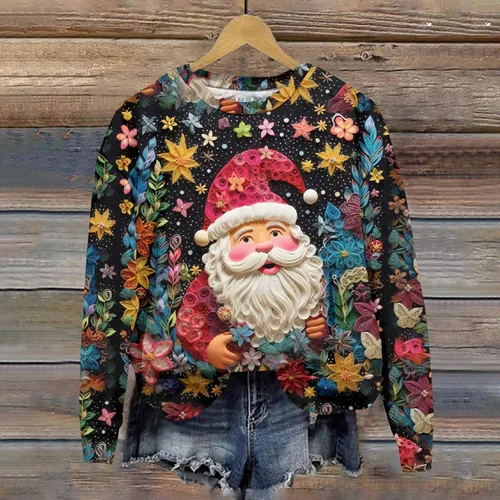 Vista 2 de Camisetas de Navidad para mujer, de gran tamaño, con estampado gráfico 3D, manga larga, cuello redondo, camiseta suelta