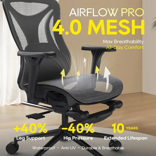 Vista 7 de CYKOV Silla de oficina ergonómica con reposapiés, soporte lumbar ajustable y reposacabezas, silla de computadora reclinable de malla de 90-160°